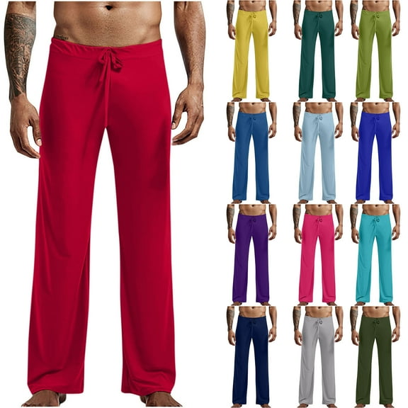 Afuyipoi Men's Sleep Straight Leg Pants,Breathable Solid Color Elastic Waist Causal Sleepwear Lounge Pants Red S