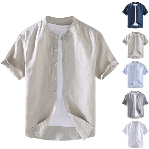 Afuyipoi Men's Solid Color Stand - up Collar Casual Loose Oversized Short - sleeved Shirt,Beige 3XL