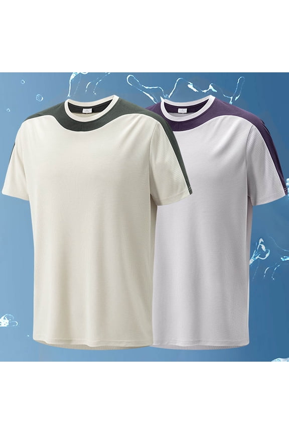 Men's Spliced Ice Silk Performance Training Tee (M-4XL), Short Sleeve Casual Round Neck Athletic Top Purple Size M