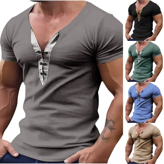 Afuyipoi Men's Spring Summer V-Neck Fitness T-Shirt,Moisture Wicking V-Neck Athletic Fit Breathable Khaki XL
