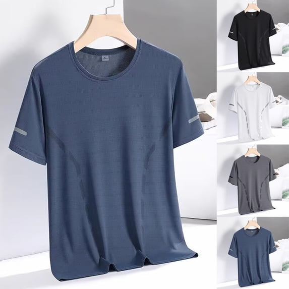 Afuyipoi Men's Summer Breathable Performance T-Shirt (M-5XL), Short Sleeve Quick Dry Thin Style Athletic Top Blue Size L