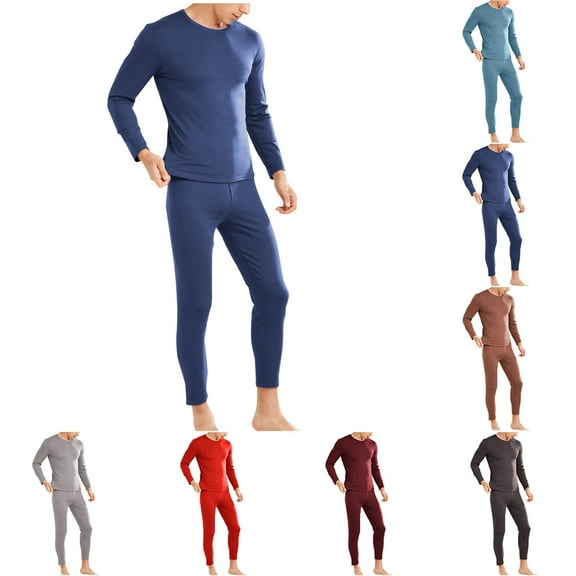 Afuyipoi Men's Thermal Base Layer Set, High-Stretch Long Sleeve Underwear Lightweight Warmth Moisture-Wicking Fabric Solid Color Suit Blue L