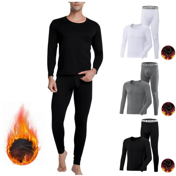 Afuyipoi Men's Thickened Thermal Base Layer Suit, Pullover Set Warm Elastic Underwear with Full-Length Pants Cozy Two-Piece Winter Wear Black L