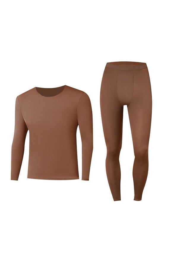 Men's Thin Thermal Base Layer Set, High-Elasticity Long Sleeve Underwear Lightweight Warmth Round Neck Design Solid Color Suit Coffee XL