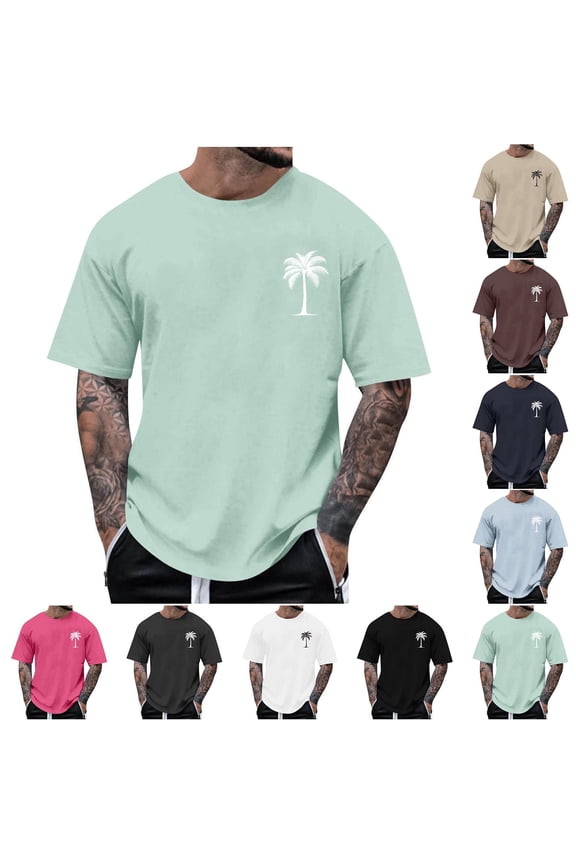 Men's Tropical T-Shirt,Palm Tree Print Relaxed Fit Breathable Casual Tees Light Blue XL
