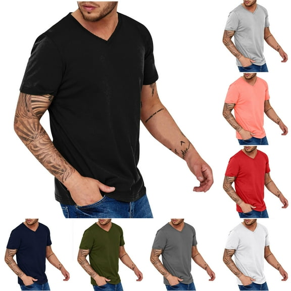 Afuyipoi Men's V Neck T Shirts, Solid Color Casual Stylish Fitted Stretch Tees for Men Black Size 2XL