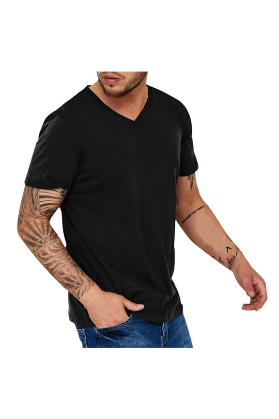 Men's V Neck T Shirts, Solid Color Casual Stylish Fitted Stretch Tees for Men Black Size 3XL