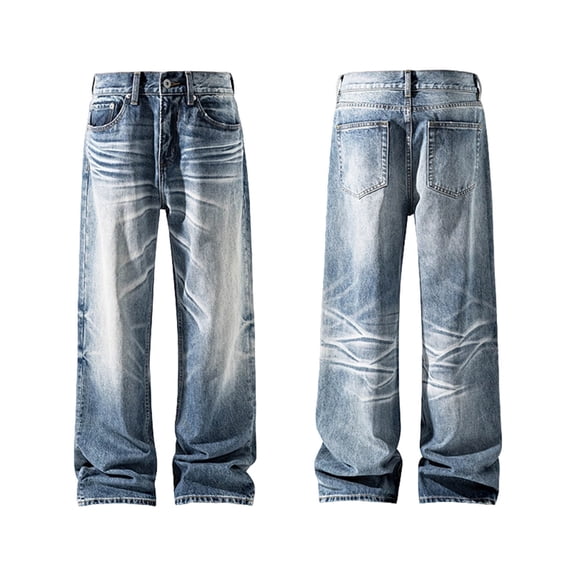 Afuyipoi Men's Vintage-Wash Straight-Leg Denim Jeans Solid Color, Casual Long Pants with Pockets Blue Size XL