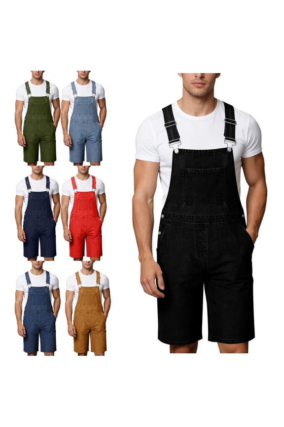 Men's Washed Denim Overalls Shorts, with Chest Pocket Workwear Bib Shorts with Adjustable Straps Black 3XL