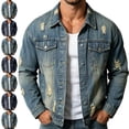 thumbnail image 1 of Afuyipoi Men's Washed Distressed Ripped 100%Denim Jacket Vintage Streetwear Casual Work Coat Size M-3XL Light Blue Size M, 1 of 4