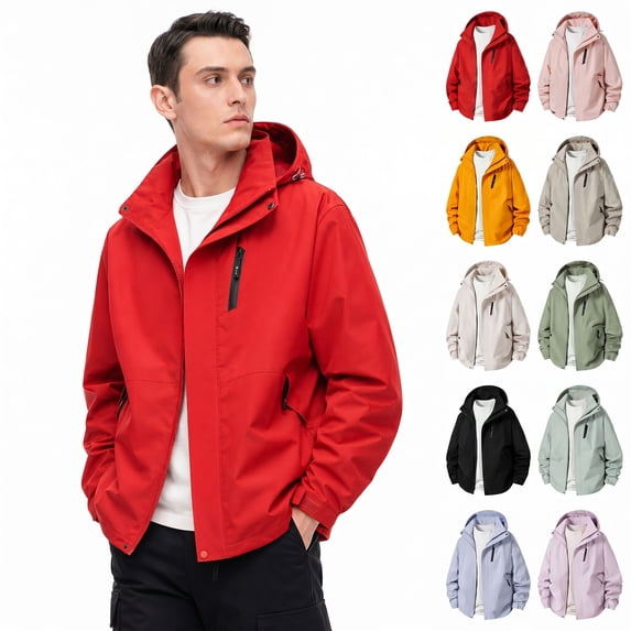 Afuyipoi Men’s Windproof Hooded Jacket Casual Outdoor Sports Windbreaker Lightweight Outerwear Red Size M