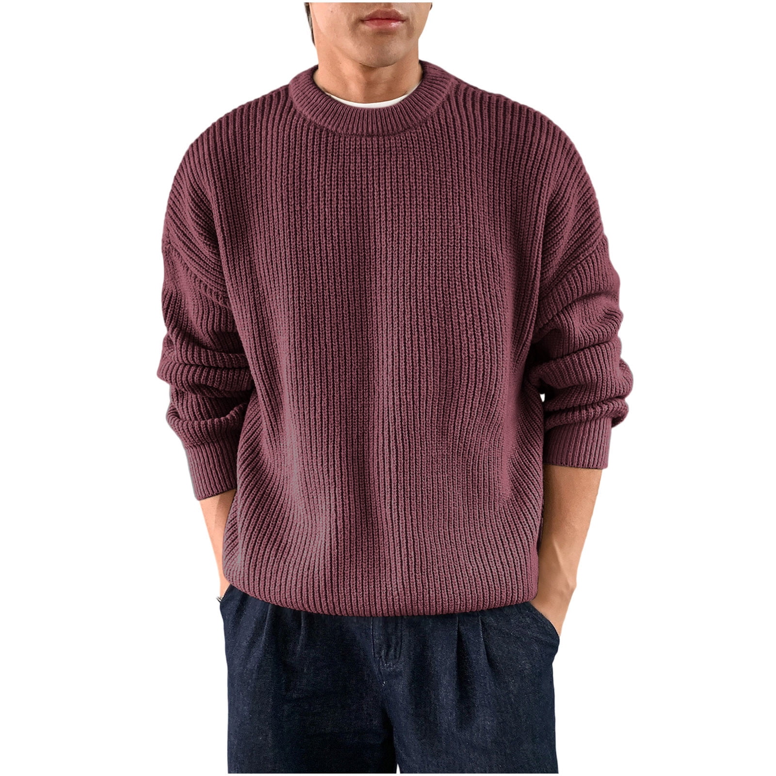 Afuyipoi Men's Winter Sweater,Solid Color Round Neck Long Sleeved Warm ...