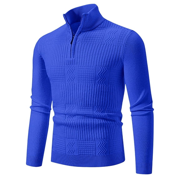 Afuyipoi Men's Winter Zip-Up Collar Sweater,Pullover Long Sleeve Casual Warm Fleece-Lined Knitwear Blue 3XL