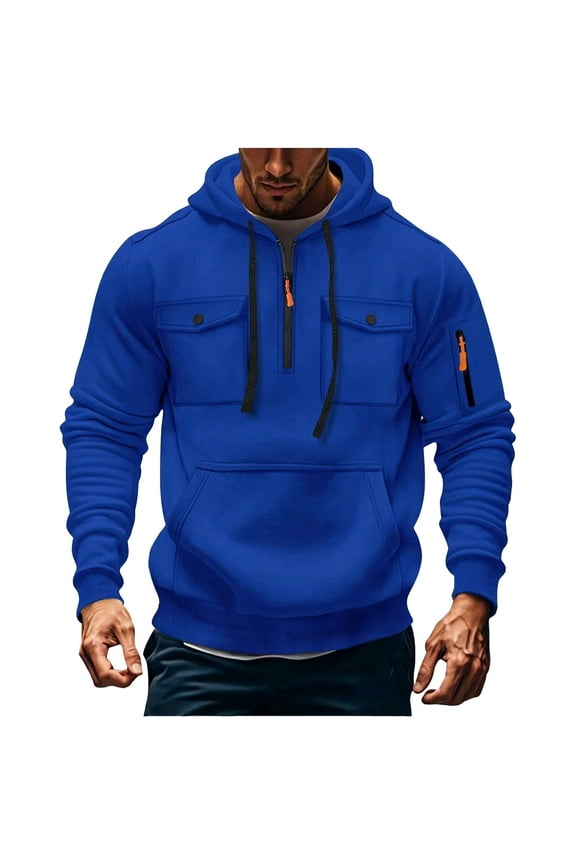 Men's Workwear Athletic Jackets,Multi-Pocket Zip Long Sleeve Drawstring Hooded Leisure Jacket Blue L