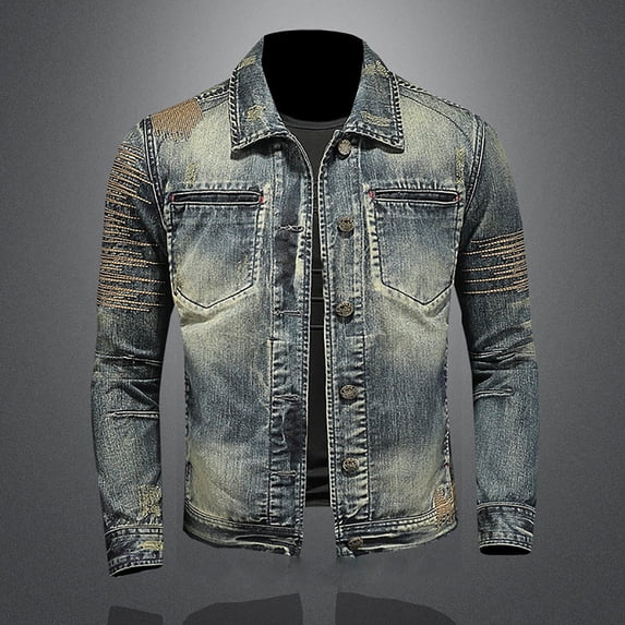 Afuyipoi Men's Workwear Denim Style Jacket Slim Fit Pocket Button Casual Trucker Coat Size M-4XL Blue Size 2XL