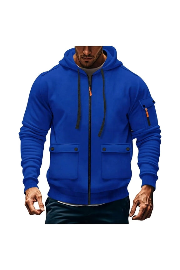 Men's Workwear Jackets,Long - sleeve Multi - pocket Zipper Training Sports Jacket Blue 3XL