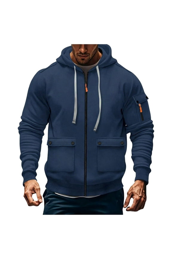 Men's Workwear Jackets,Multi - pocket Zipper Training Long - sleeve Sports Jacket Navy XL