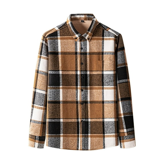 Afuyipoi Men's and Big Men's Flannel Shirt,with Long Sleeves Checked Velvet T-shirt Thick Tops with Pocket Brown L