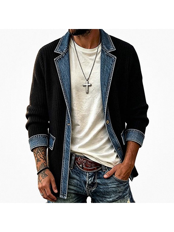 Mens Blazer Knit Denim Patchwork Long Sleeve Single Button Pocket Jacket Black Size L
