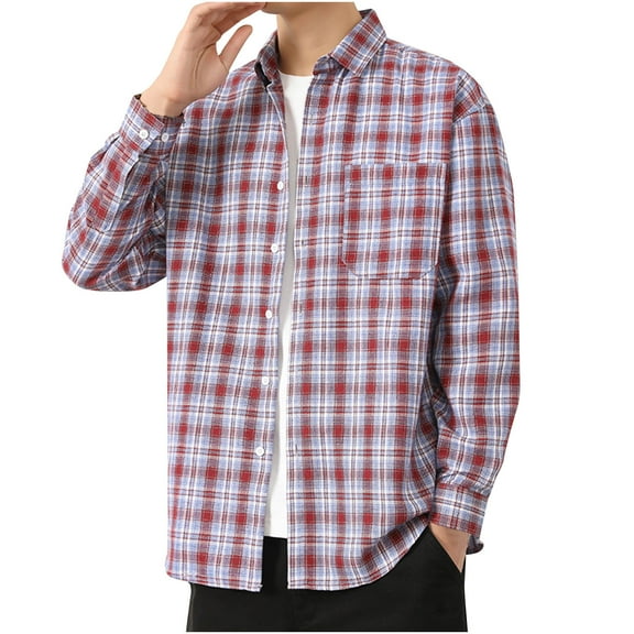 Afuyipoi Mens Button-Up Shirts,Lightweight Long Sleeve Stylish Checkered Casual Woven Shirts Red XL