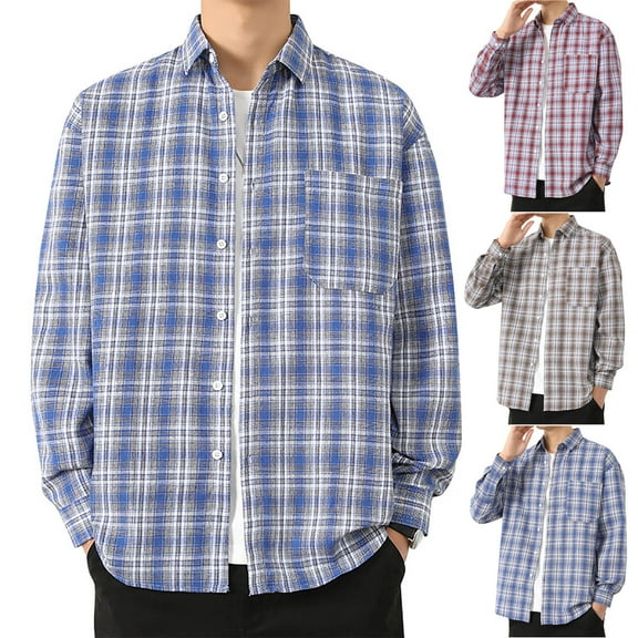 Afuyipoi Mens Button-Up Shirts,Lightweight Stylish Checkered Long Sleeve Casual Woven Shirts Blue 2XL