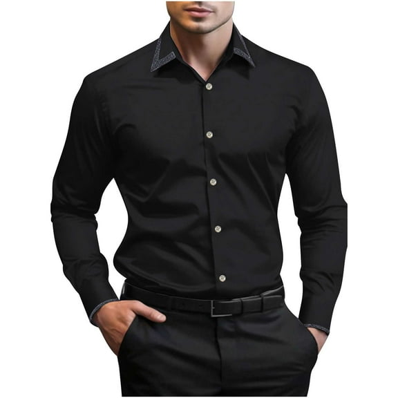 Afuyipoi Mens Button Up Shirts,Long Sleeve Stand Collar Work Casual Classic Men's Shirt Black S