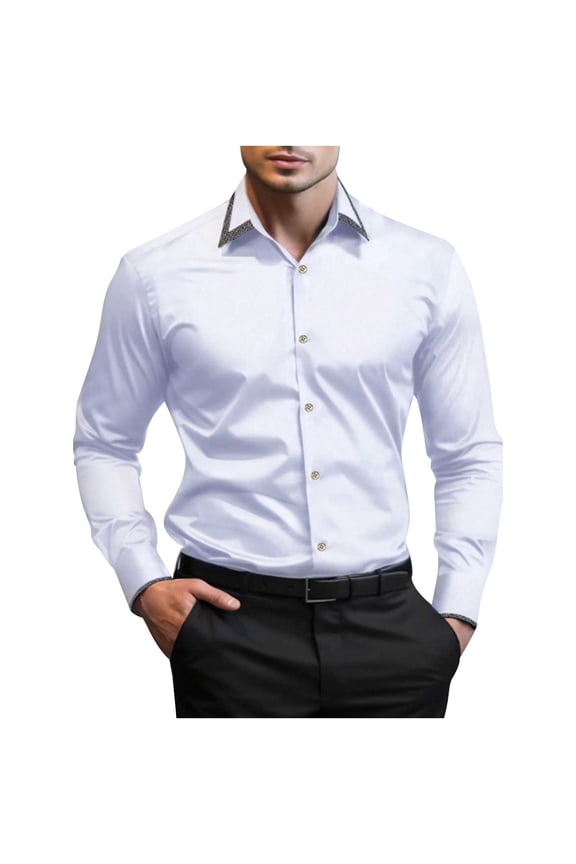 Mens Button Up Shirts,Long Sleeve Work Casual Stand Collar Classic Men's Shirt White S