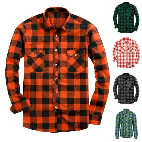 Afuyipoi Mens Button-Up Shirts Long Sleeved,Lapel Plaid Collared Lightweight Casual Button Down Shirts Orange L