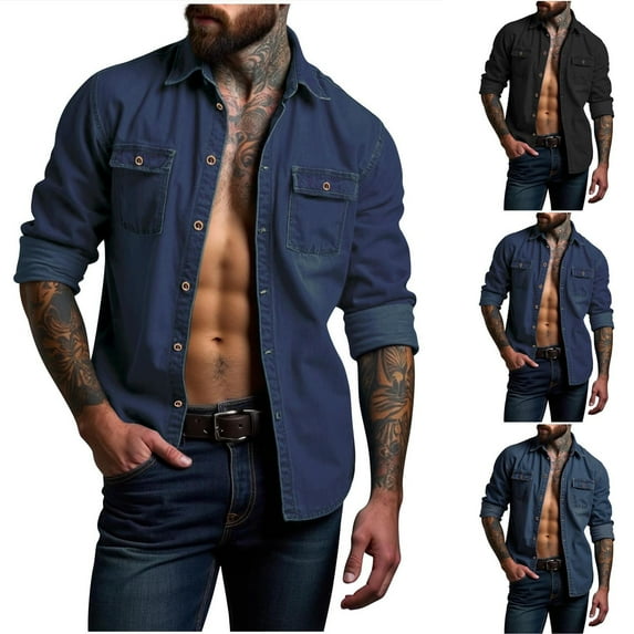 Afuyipoi Mens Casual Denim Button Up Shirts Long Sleeve Shirts,Classic Collar Casual with Pocket Casual Long Sleeve Shirt Navy L