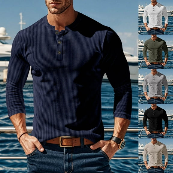 Afuyipoi Mens Corduroy Henley Shirts, Long Sleeve Button Collar Pullover Top Casual Blouse Shirts Black 3XL