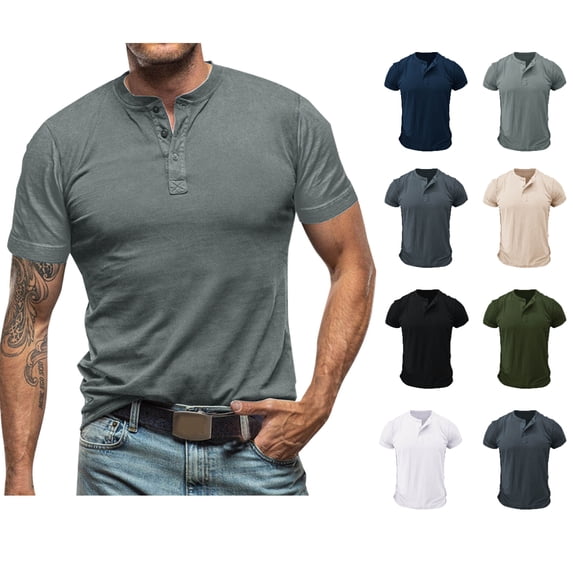 Afuyipoi Mens Cotton Henley Shirt Summer Short Sleeve Solt Fit Breathable Sport Casual Daily Top Beige Size M