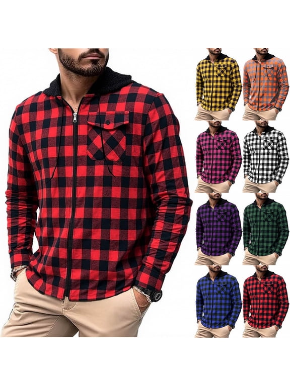 Mens Flannel Shirt Jacket, Quilted Lined Plaid Shirt Long Sleeve Button Down Hoodie Jackets Orange S