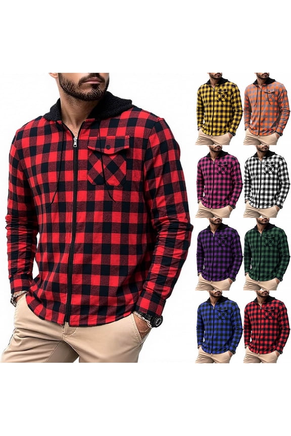 Mens Flannel Shirt Jacket, Quilted Lined Plaid Shirt Long Sleeve Button Down Hoodie Jackets Red L