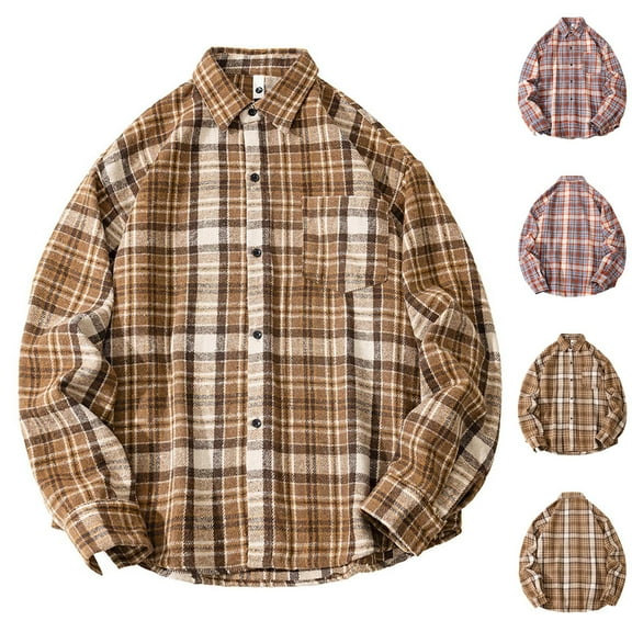 Afuyipoi Mens Flannel Shirts, Long Sleeve Plaid Button Down Shirt Casual Cotton Shirt with Pocket Khaki 4XL