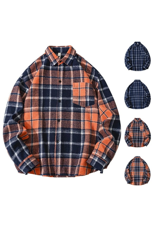 Mens Flannel Shirts, Long Sleeve Plaid Button Down Shirt Casual Cotton Shirt with Pocket Orange XL