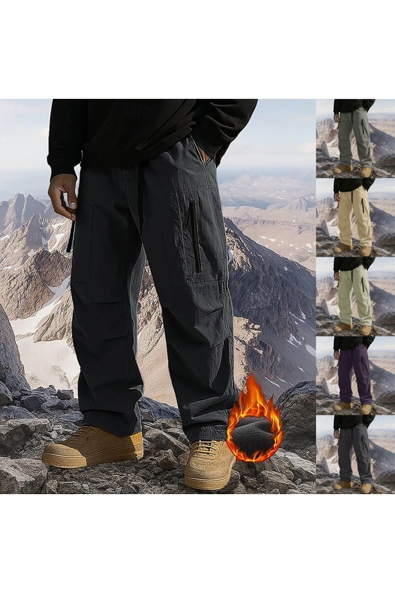 Mens Fleece Lined Cargo Pants, Outdoor Waterproof Hiking Long Pants for Hiking Fishing Casual Workwear Black 2XL