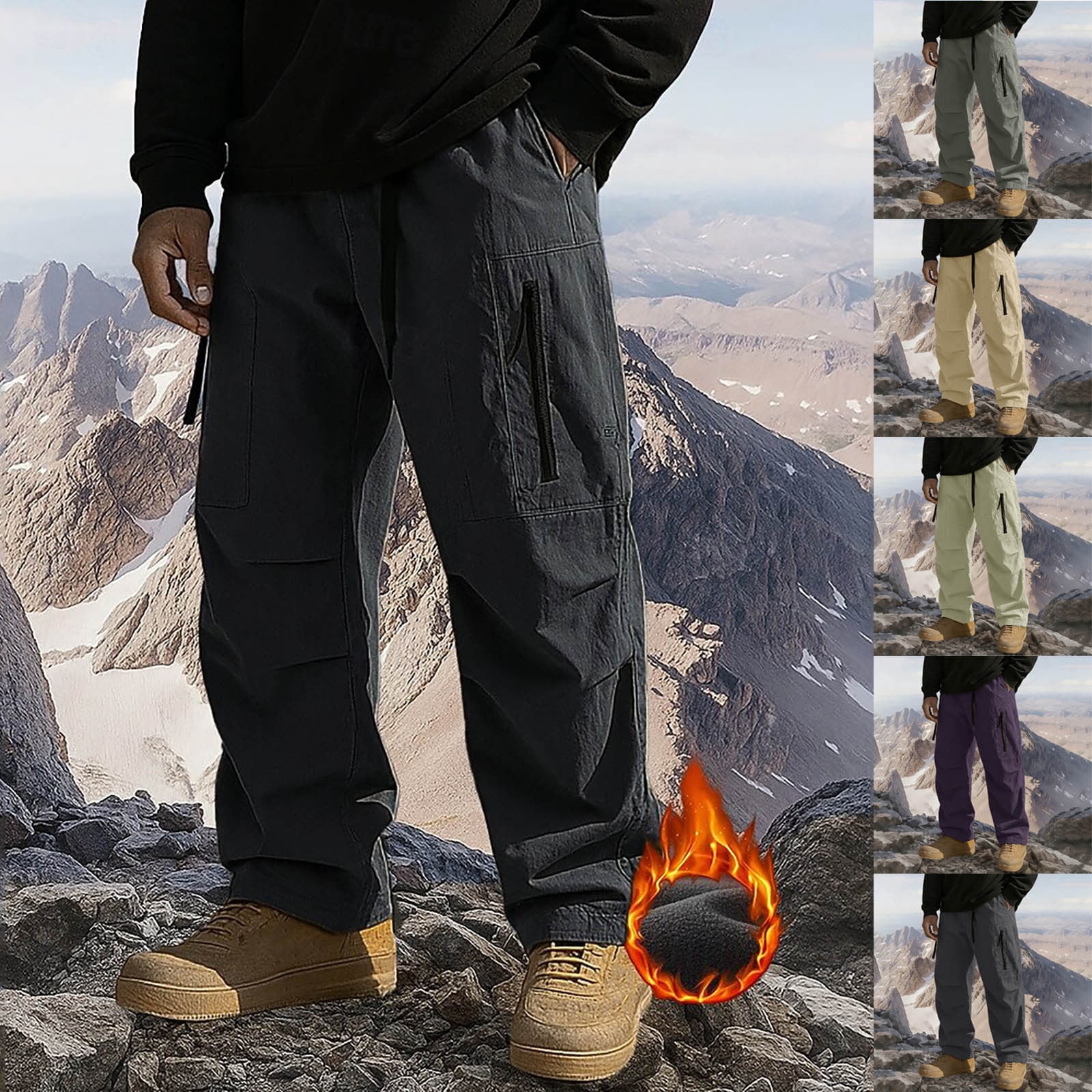 Afuyipoi Mens Fleece Lined Cargo Pants, Outdoor Waterproof Hiking Long ...