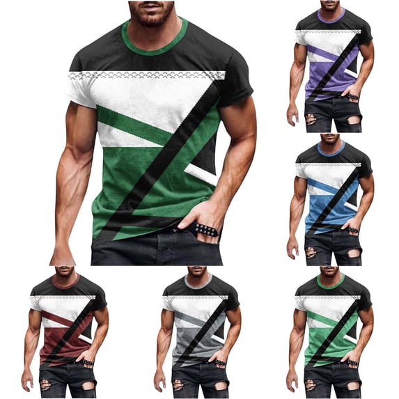 Afuyipoi Mens Geo-Print Crew Tee,Quick-Dry Tee Casual Short-Sleeve Summer Travel Shirt Purple 5XL