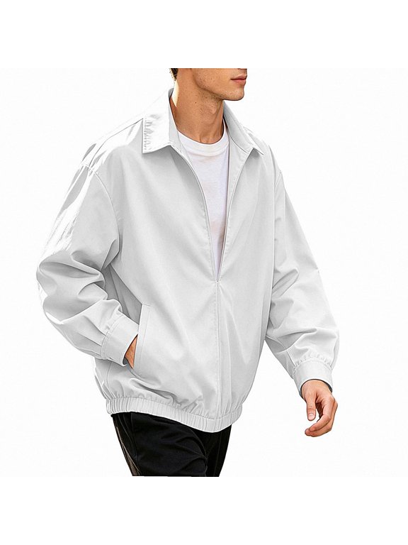 Mens Half Zip Jacket Collar Coat Casual Loose With Side Pockets White Size M