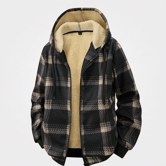 Afuyipoi Mens Hooded Coat Zip Front Plaid Lamb Fleece Warm Knit Jacket Black M