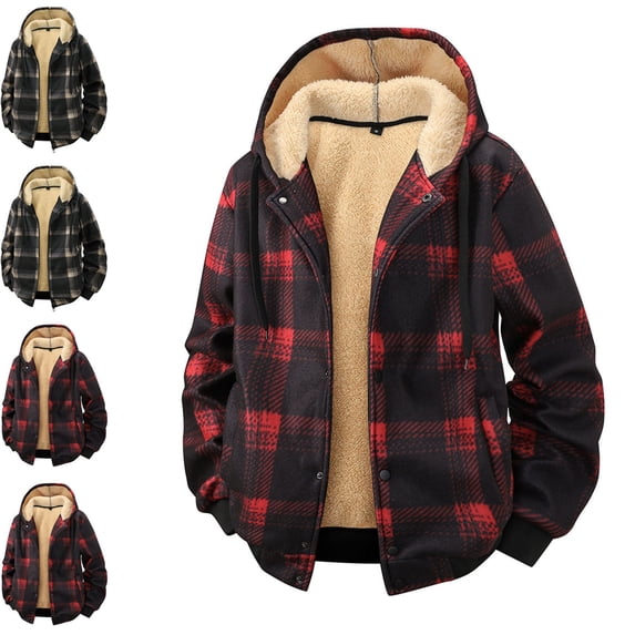 Afuyipoi Mens Hooded Coat Zip Front Plaid Lamb Fleece Warm Knit Jacket Red M
