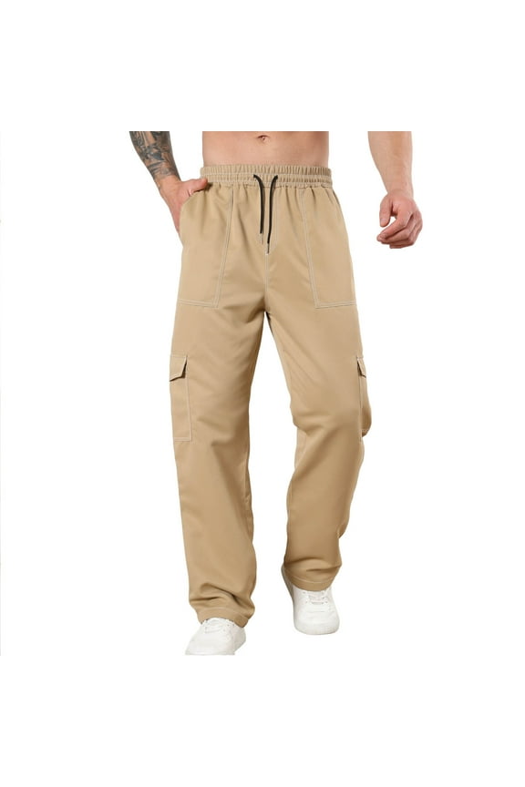 Mens Khaki Cargo Pants,Elastic Waist Drawstring Stretch Loose Joggers Work Pants with Pockets Khaki XL/40