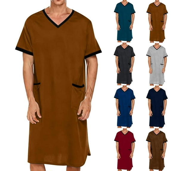 Afuyipoi Mens Long V-Neck Sleep Shirt, Pocket Nightshirt, Mens Nightshirt Casual Nightwear Pocket Pajama Shirt Long Sleep Gown V-Neck Sleep Top Brown XL