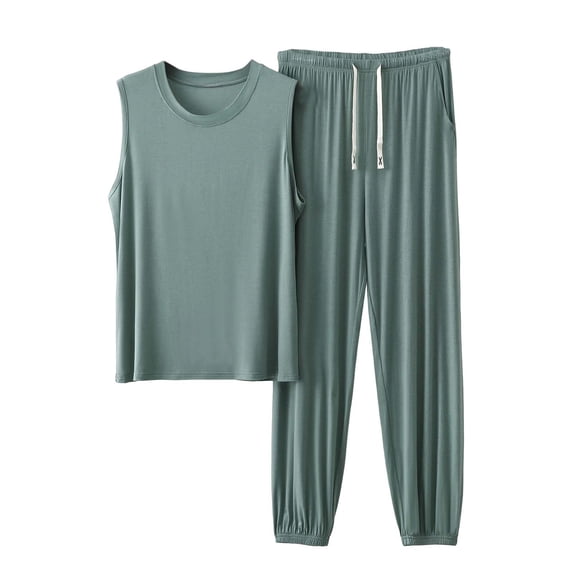 Afuyipoi Mens Modal Pajamas Sets,Sleeveless Tee & Joggers Soft Stretch Drawcord Cuffed Ankles Spring-Autumn Comfy Two-piece Silver L