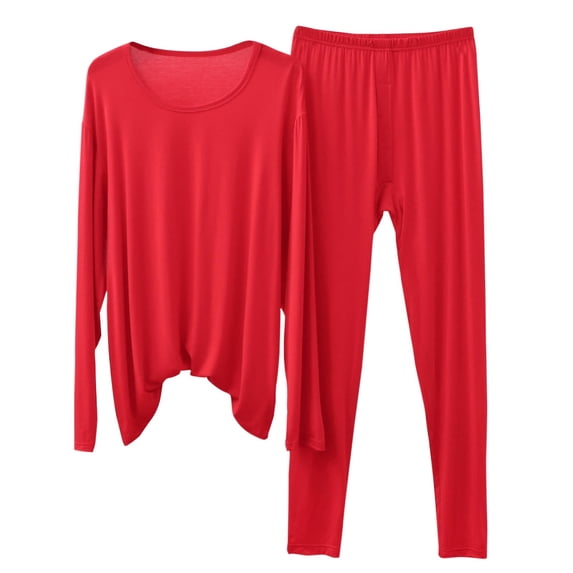 Afuyipoi Mens Modal Sleepwear, Cotton Pajamas Winter V-Neck Long Sleeve Red XL