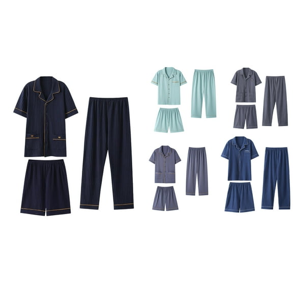 Afuyipoi Mens Pajamas Set 3PC,Button Down Breathable Casual Short Sleeved Button Down Sleepwear Navy L