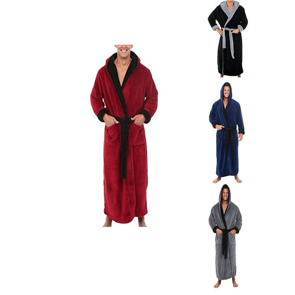 Afuyipoi Mens Plush Hooded Robe,With Pockets Long Sleeved Warm Fleece Warm Men Bathrobes Red XL