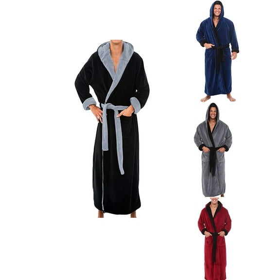 Afuyipoi Mens Plush Hooded Robe,With Pockets Warm Long Sleeved Fleece Warm Men Bathrobes Black XL