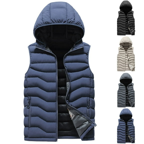 Afuyipoi Mens Puffer Vest with Detachable Hood, Zip Up Quilted Jacket with Zipper Pocket Fall Winter Outerwear Gray 3XL