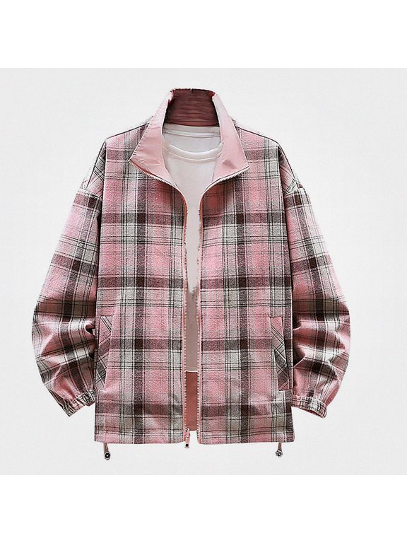Mens Reversible Jacket Solid Zip Pocket Stand Collar Outerwear Pink XL